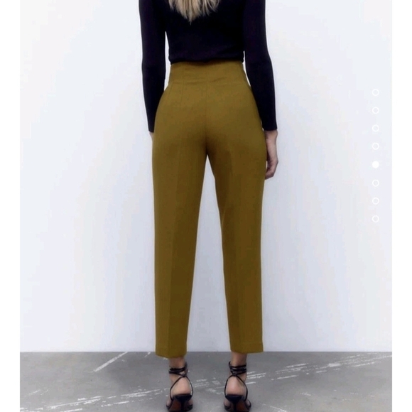ZARA Mustard High Waist Pleated Straight Pants M Cropped Tailored Fit Office - Picture 2 of 15